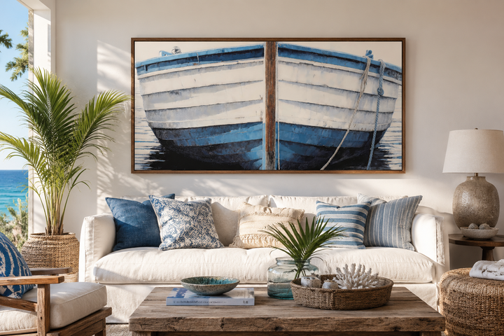 Blue and white rustic boat painting canvas wall art in a wooden frame above a white sofa.