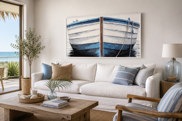 Blue and white rustic boat painting canvas wall art hanging above a white sofa in a coastal room.