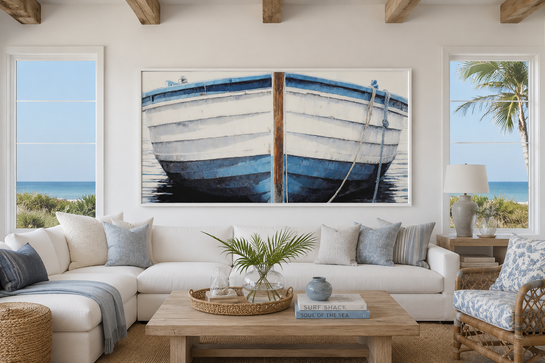 Extra large blue and white rustic boat painting canvas wall art in a coastal living room.