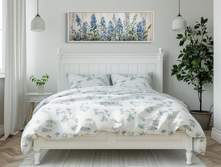 Blue Wildflowers Horizontal Framed Canvas Wall Art For Above Bed Decor