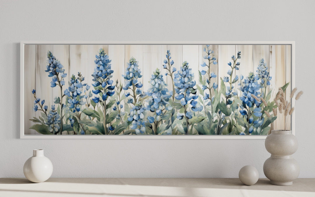 Blue Wildflowers Horizontal Framed Canvas Wall Art For Above Bed Decor