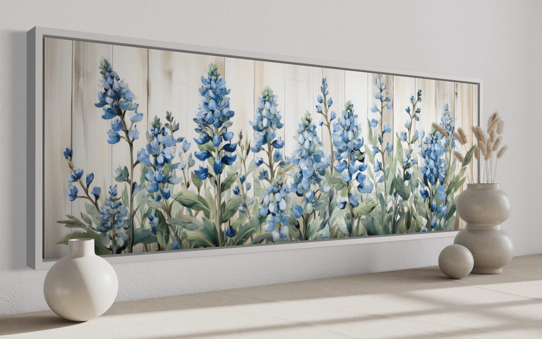 Blue Wildflowers Horizontal Framed Canvas Wall Art For Above Bed Decor