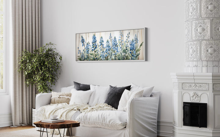 Blue Wildflowers Horizontal Framed Canvas Wall Art For Above Bed Decor