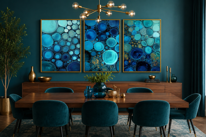 Set of 3 blue aqua and navy bubble abstract canvas prints in gold frames above a dining table.