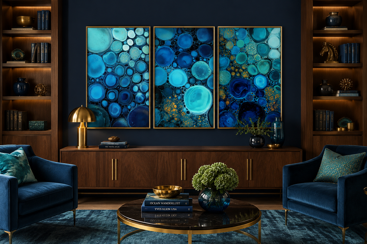 Set of 3 abstract canvas prints featuring blue, aqua, and navy bubble patterns in gold frames.