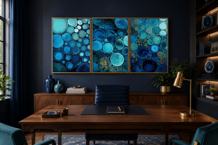 Three-panel abstract wall art set with blue, aqua, and navy bubble patterns in a modern office.