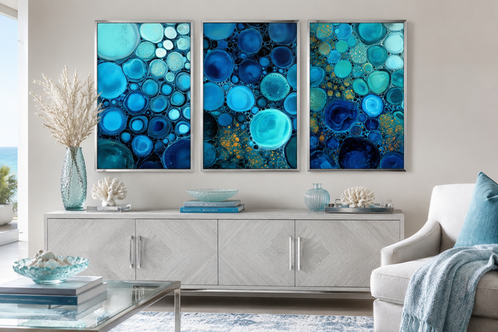Set of 3 blue aqua and navy bubble abstract canvas prints displayed above a white console table.