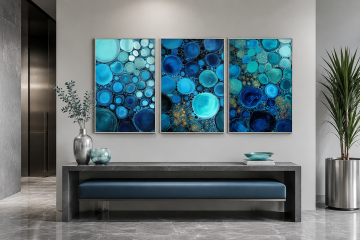 Set of 3 abstract canvas prints featuring blue, aqua, and navy bubble patterns above a console.