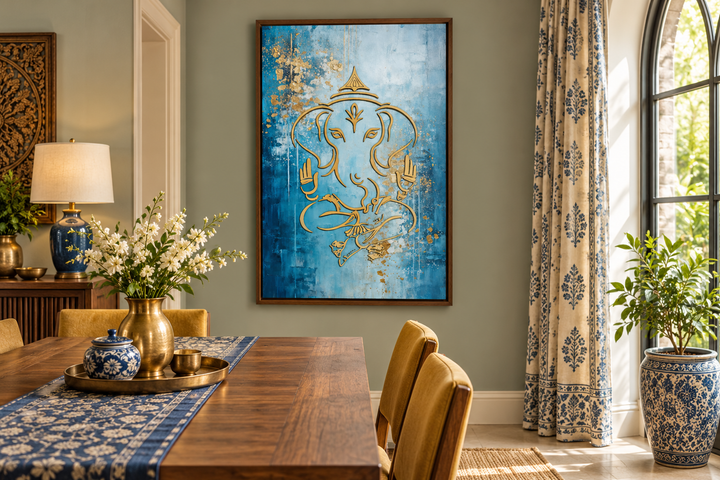 Blue and gold Lord Ganesha canvas wall art in a walnut frame hanging in a dining room.