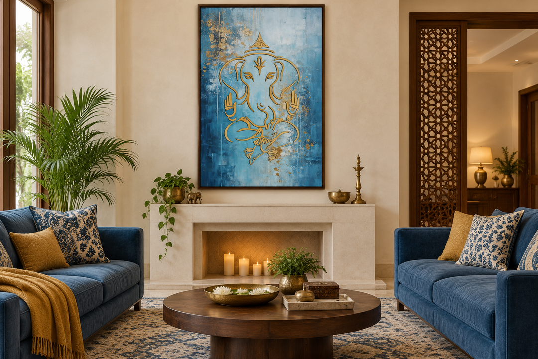 Blue and gold Lord Ganesha canvas wall art in a black frame above a fireplace in a modern lounge.