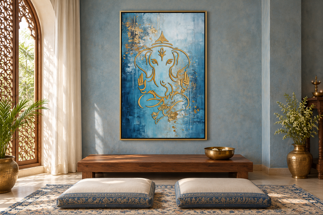 Blue and gold Lord Ganesha canvas wall art in a gold frame above a wooden meditation bench.