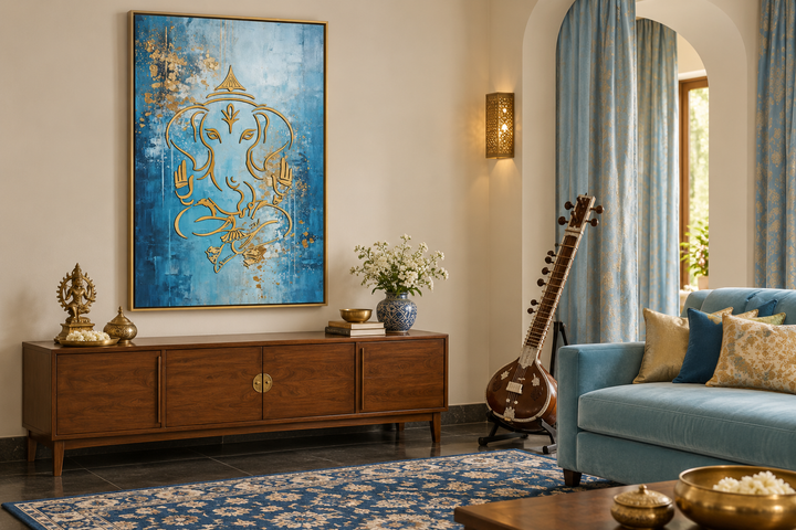 Blue and gold Lord Ganesha canvas wall art in a gold frame above a wooden sideboard.