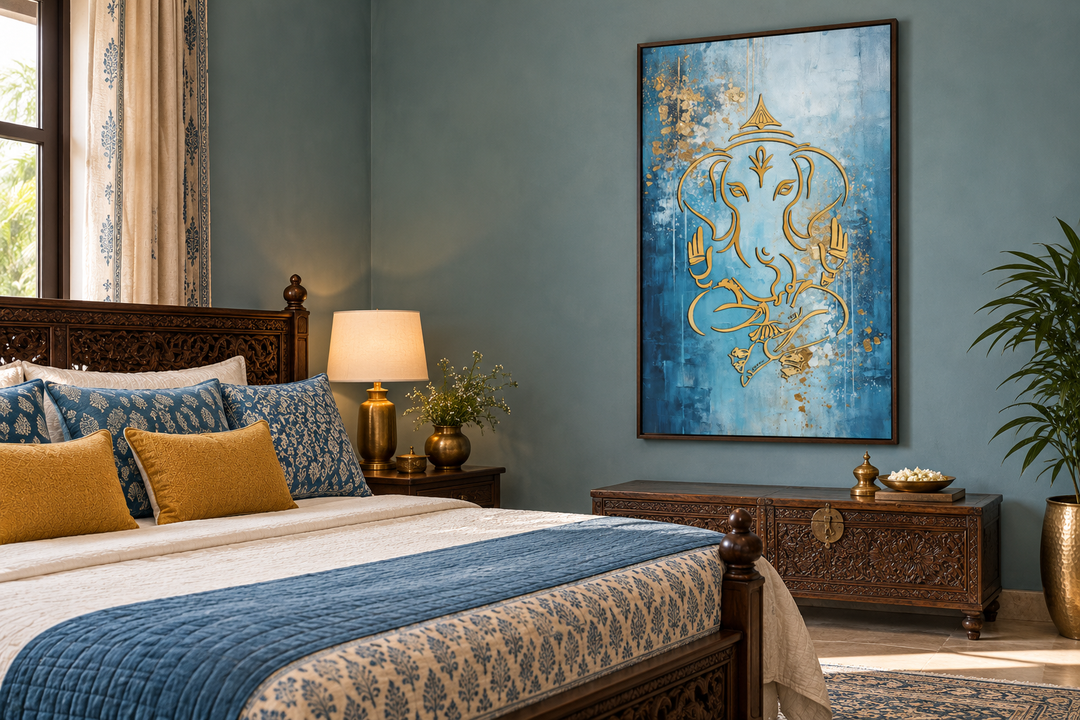 Modern blue and gold Lord Ganesha canvas wall art in a black frame above a carved wooden chest.
