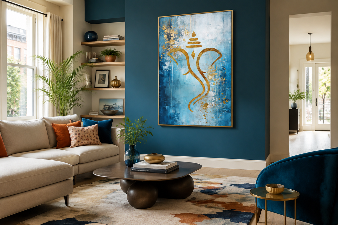 Blue Gold Minimalist Lord Ganesha Framed Canvas Wall Art Indian Living Room Decor