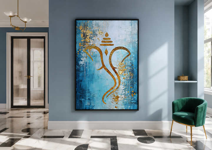 Blue Gold Minimalist Lord Ganesha Framed Canvas Wall Art Indian Living Room Decor