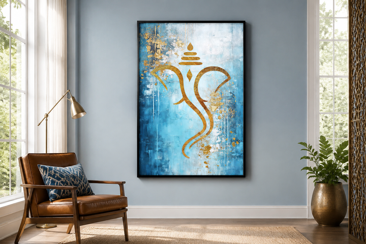 Blue Gold Minimalist Lord Ganesha Framed Canvas Wall Art Indian Living Room Decor