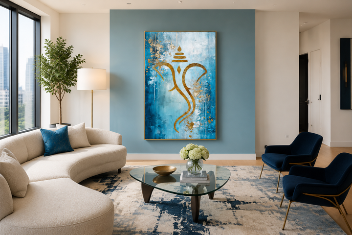Blue Gold Minimalist Lord Ganesha Framed Canvas Wall Art Indian Living Room Decor