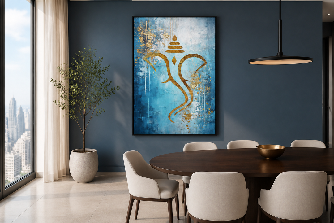 Blue Gold Minimalist Lord Ganesha Framed Canvas Wall Art Indian Living Room Decor