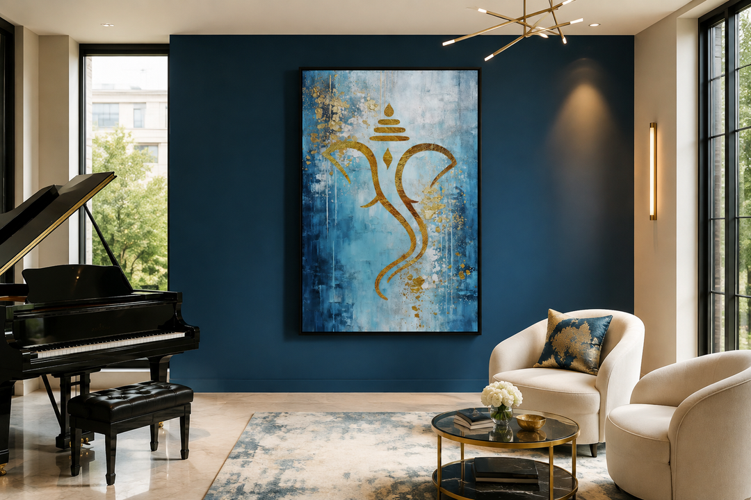 Blue Gold Minimalist Lord Ganesha Framed Canvas Wall Art Indian Living Room Decor