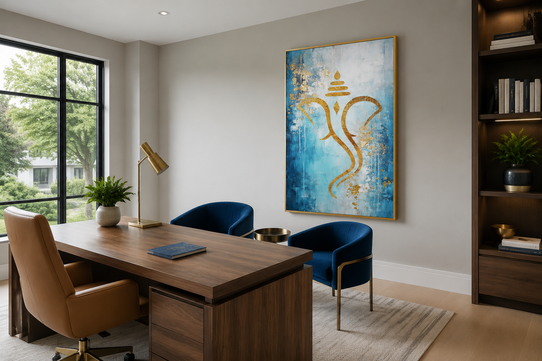 Blue Gold Minimalist Lord Ganesha Framed Canvas Wall Art Indian Living Room Decor
