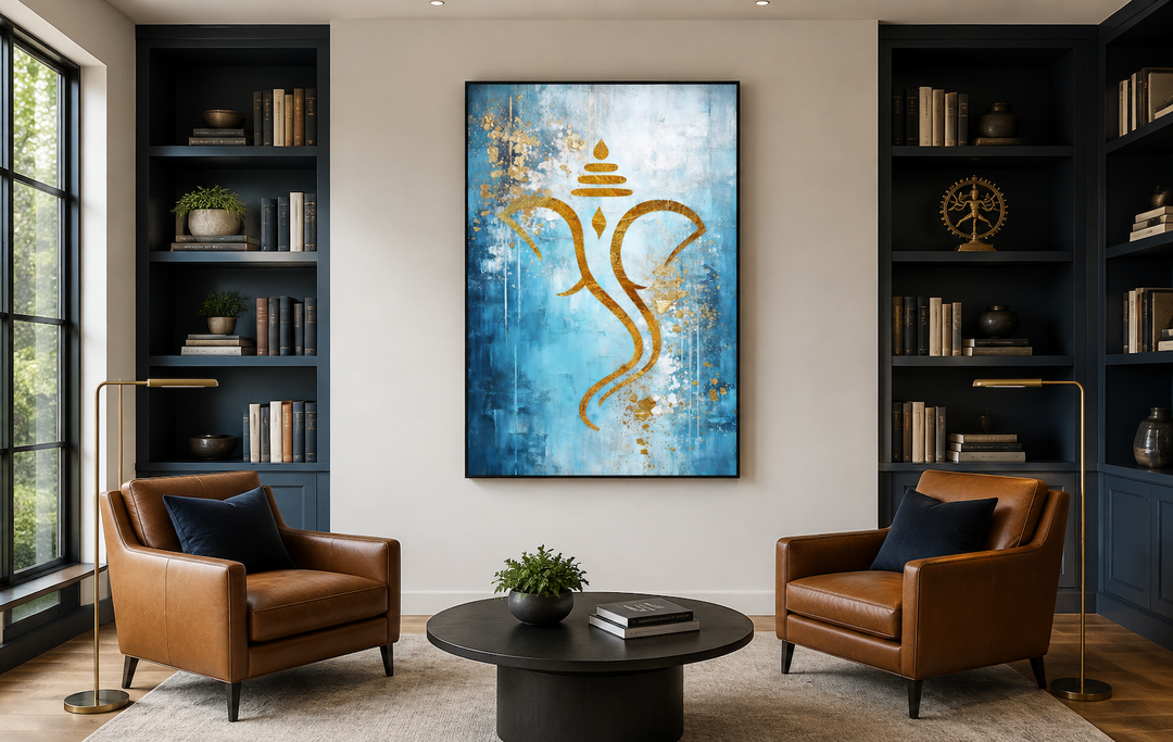 Blue Gold Minimalist Lord Ganesha Framed Canvas Wall Art Indian Living Room Decor