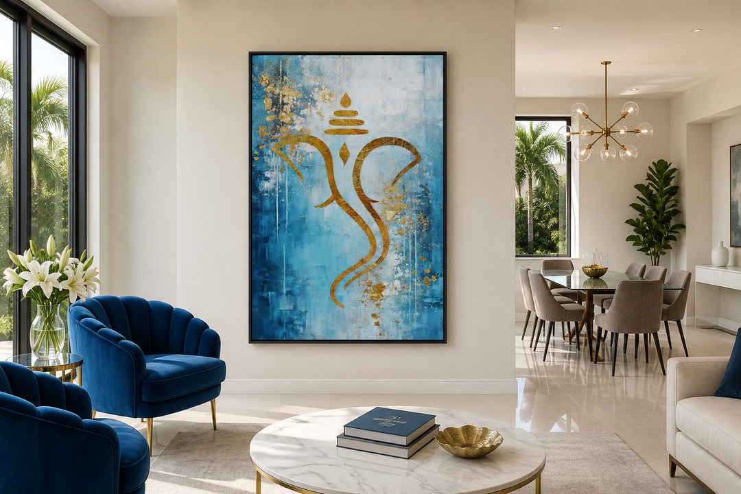 Blue Gold Minimalist Lord Ganesha Framed Canvas Wall Art Indian Living Room Decor