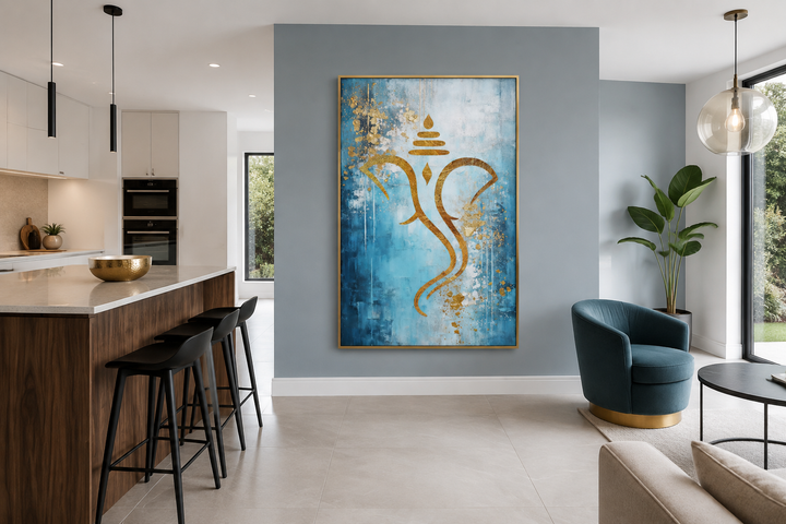 Blue Gold Minimalist Lord Ganesha Framed Canvas Wall Art Indian Living Room Decor