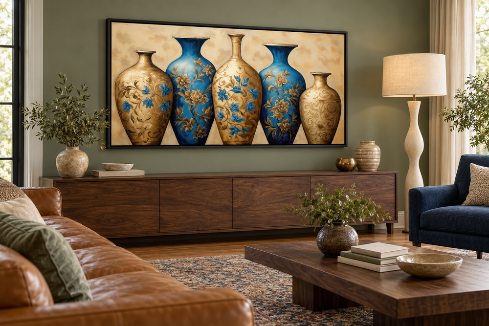 Framed canvas wall art featuring five blue and gold patterned vases on a sage green wall.
