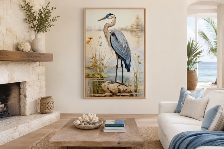 Framed vertical canvas wall art of a blue heron in a coastal setting above a living room fireplace.