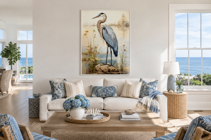 Framed vintage blue heron canvas wall art hanging above a white sofa in a coastal living room.