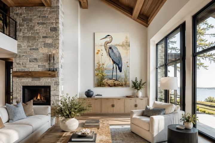 Blue Heron vintage framed coastal canvas wall art hanging in a modern rustic living room.