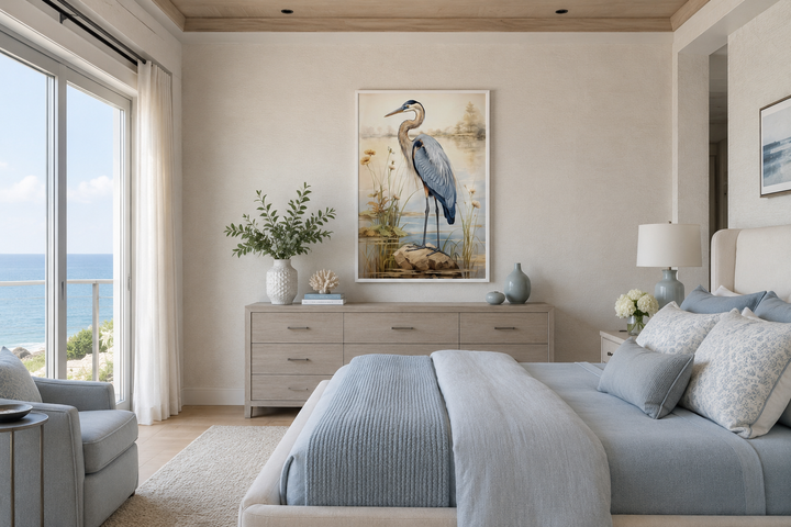 Blue heron vintage framed coastal canvas wall art hanging above a dresser in a serene bedroom.