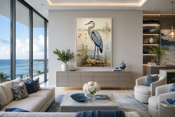 Blue Heron vintage framed coastal canvas wall art hanging in a modern living room.