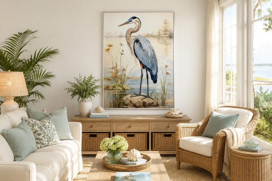 Vintage framed blue heron canvas wall art in a coastal living room with neutral decor.