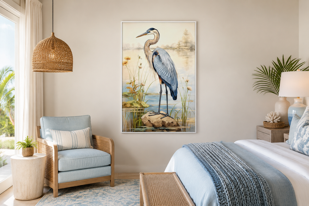 Vintage blue heron framed canvas wall art hanging in a coastal-style bedroom.