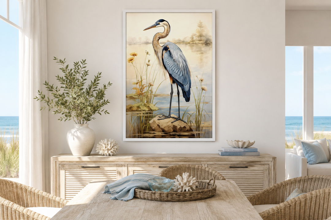 Blue Heron vintage framed coastal canvas wall art hanging in a beach house dining room.