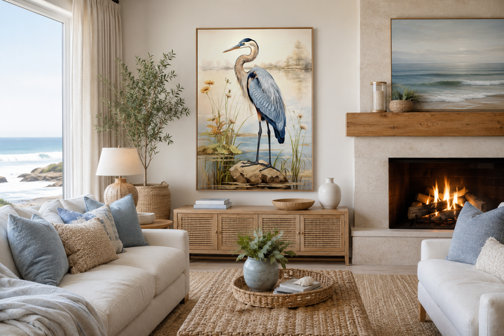 Vintage framed canvas wall art of a blue heron in a coastal landscape above a wooden sideboard.