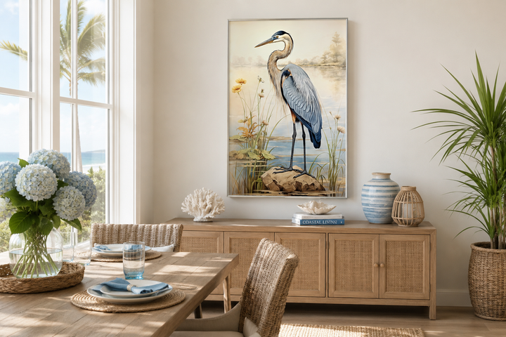 Framed vertical canvas wall art of a blue heron standing on a rock in a coastal landscape.