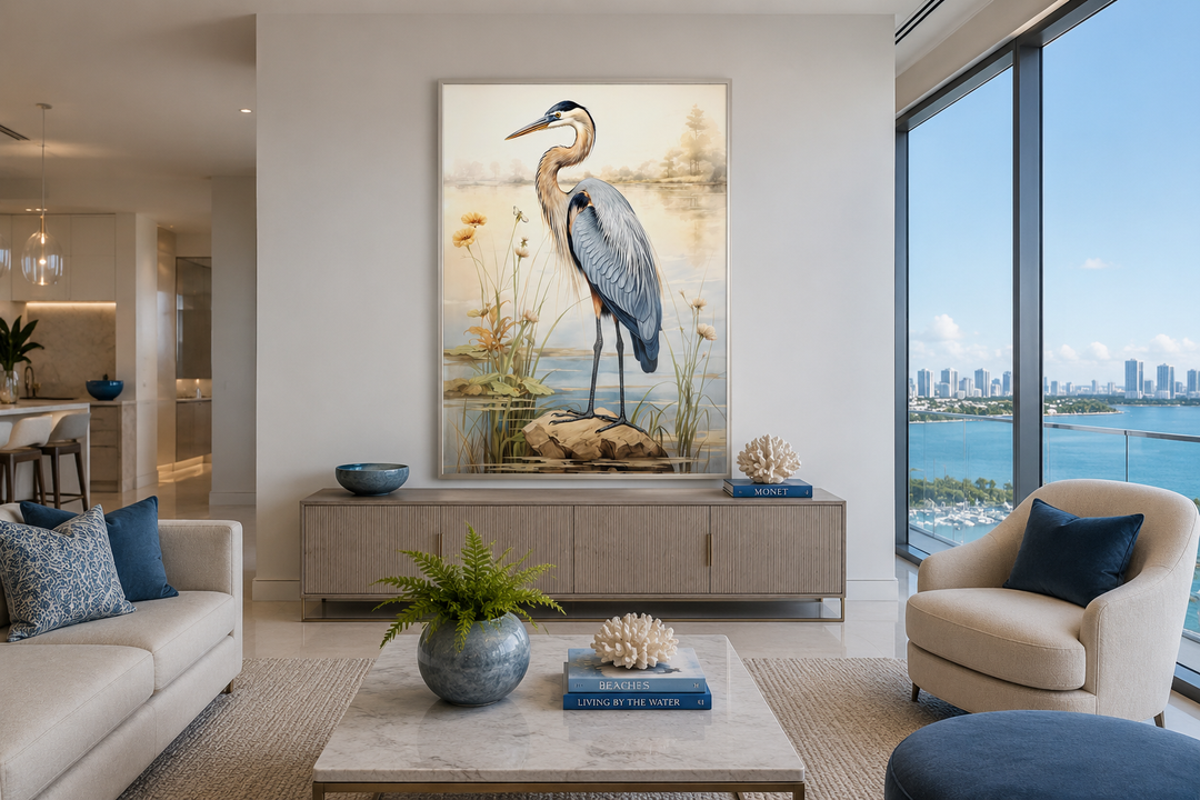 Framed vertical canvas wall art of a blue heron standing in reeds, displayed in a modern living room.