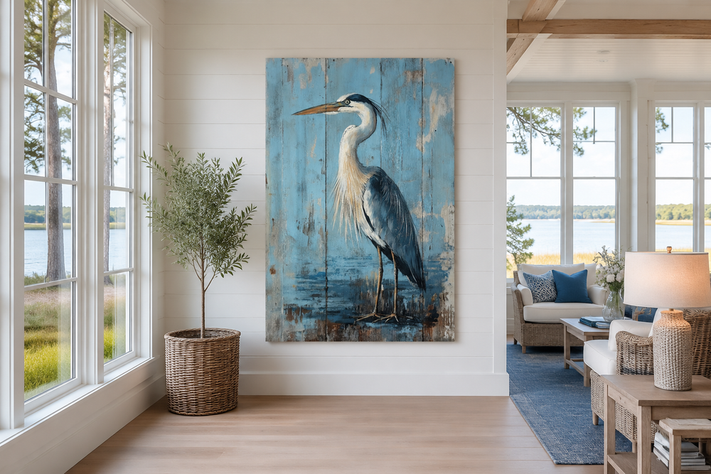 Rustic blue heron painting on weathered wood-textured canvas in a coastal living room.