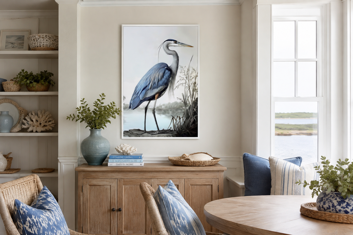 Blue Heron Painting Coastal Framed Canvas Wall Art in a serene coastal-themed living room.