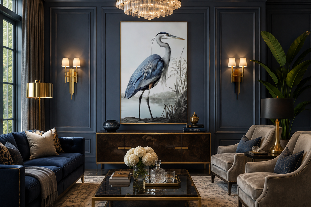 Framed canvas wall art of a majestic blue heron standing in a coastal habitat on a dark blue wall.