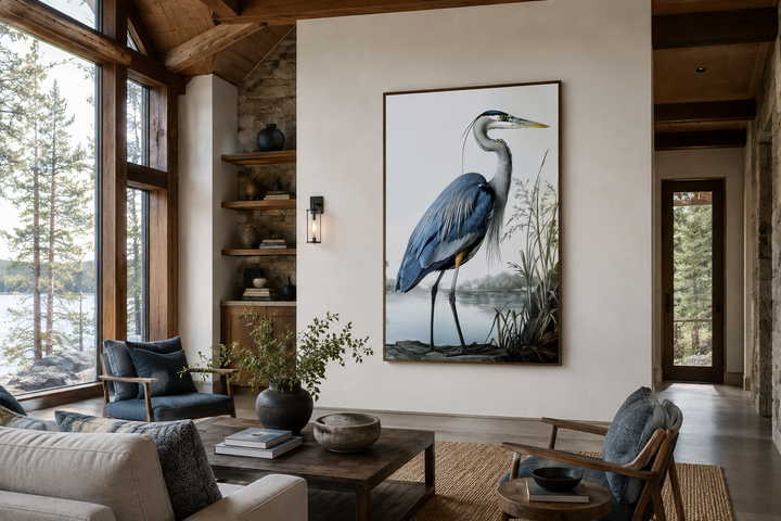 Large framed canvas wall art of a blue heron in a coastal setting above a living room coffee table.