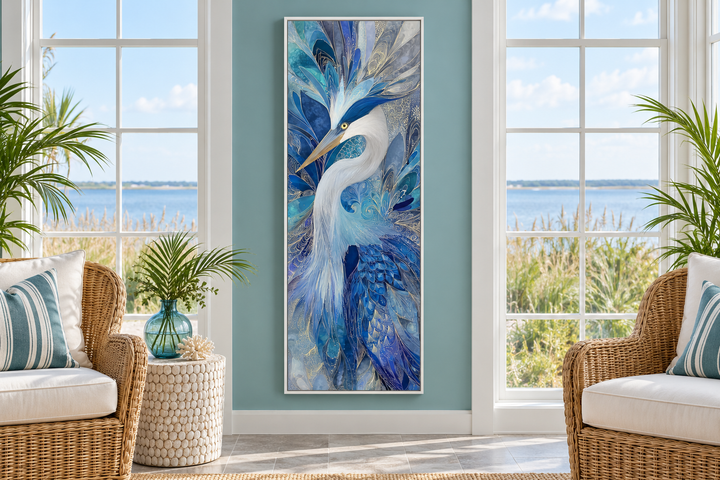 Vertical canvas print of an elegant blue heron with abstract textures in a coastal sunroom.