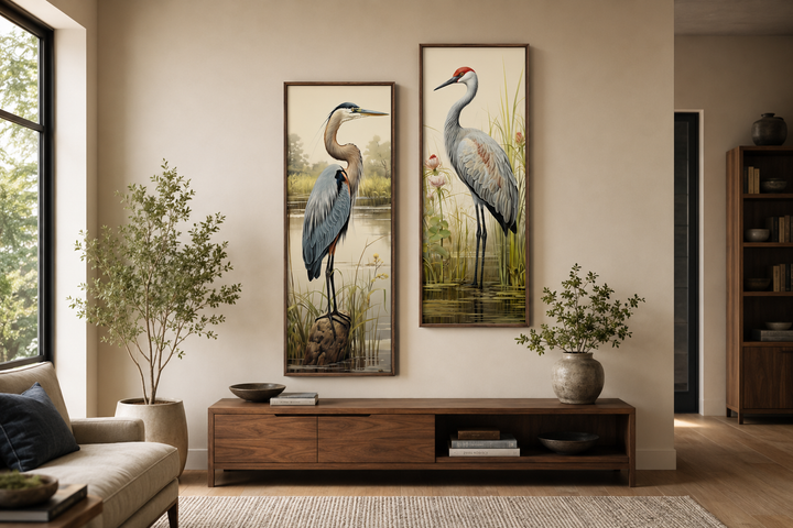 Set of 2 tall vertical canvas prints featuring a blue heron and a sandhill crane in marsh settings.