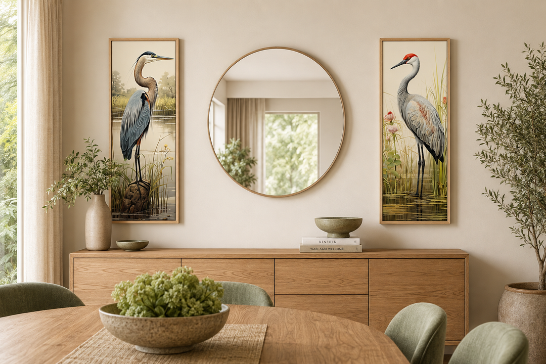 Set of 2 tall vertical canvas prints featuring a blue heron and a sandhill crane in marsh settings.
