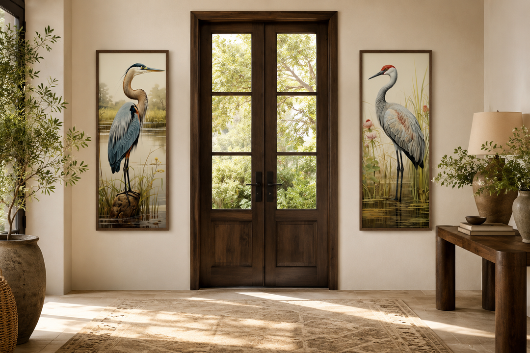 Set of 2 vertical canvas prints featuring a blue heron and a sandhill crane in marsh settings.