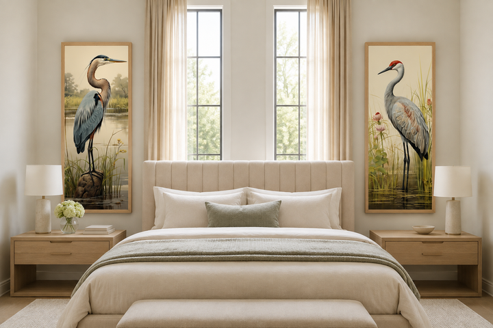 Set of 2 tall vertical canvas prints featuring a blue heron and a sandhill crane in a bedroom.