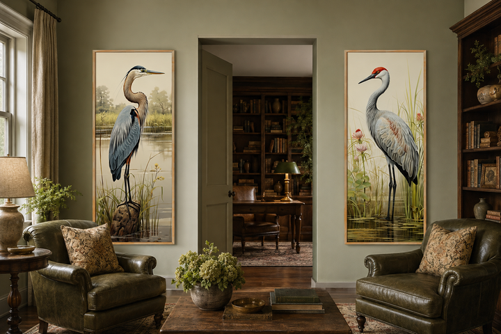 Set of 2 tall vertical canvas prints featuring a blue heron and a sandhill crane in marsh settings.