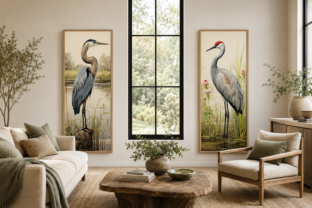 Blue Heron and Sandhill Crane set of 2 tall vertical canvas wall art in a neutral living room.